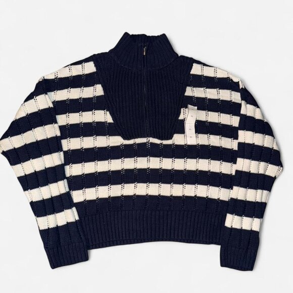 A New Day Women's Mock Turtleneck 1/4 Zip Sweater Cream/Navy Striped Size XL. - Picture 2 of 4